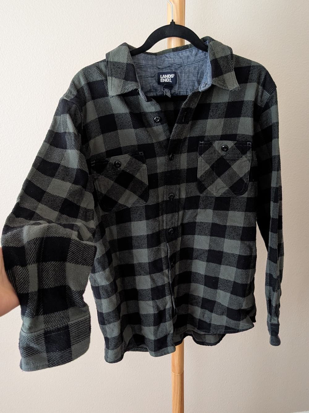 Lands' End Black and Olive Plaid Flannel Button-Up